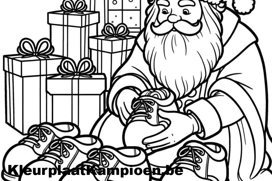 Sinterklaas vult schoenen met cadeautjes