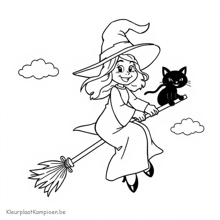 kleurplaat coloring pages halloween Heks met bezem en kat
