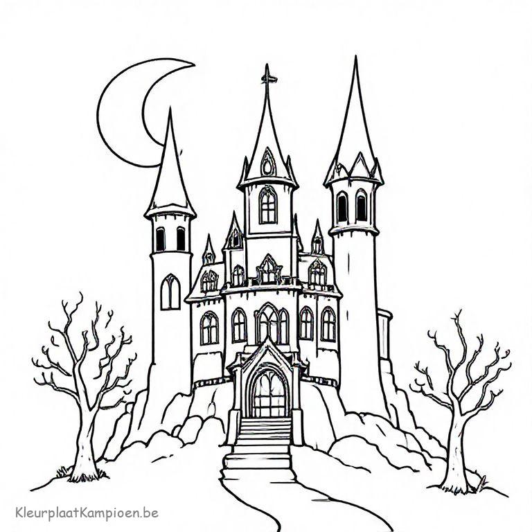 kleurplaat Halloween vampier kasteel