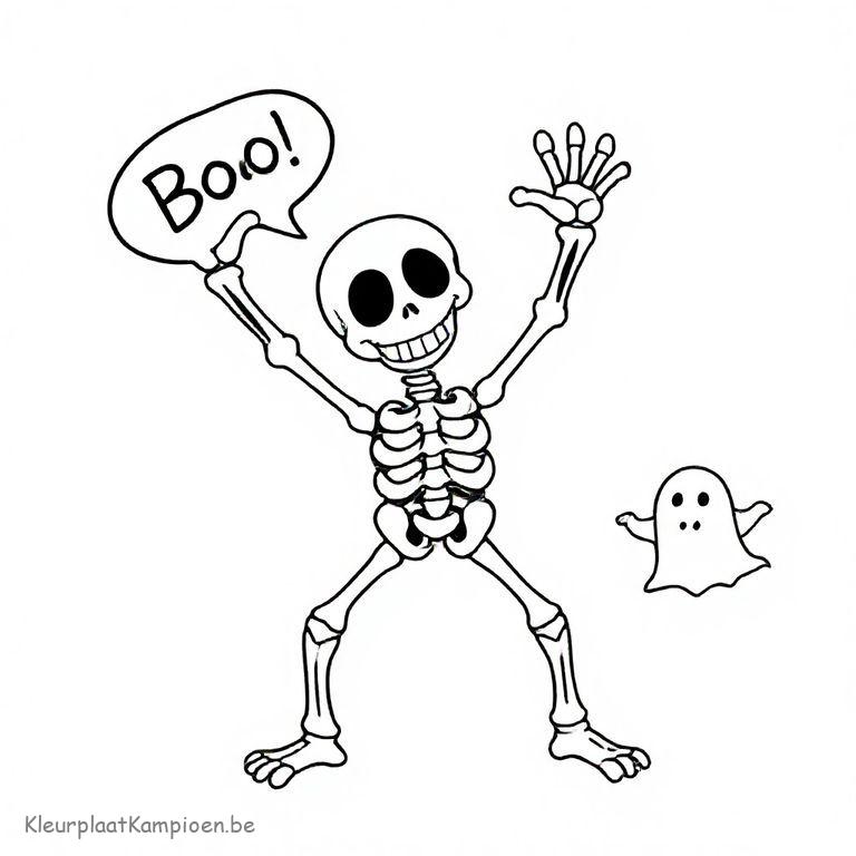 kleurplaat Halloween vogelverschrikker en skelet skelet dat 'boeh!' roept