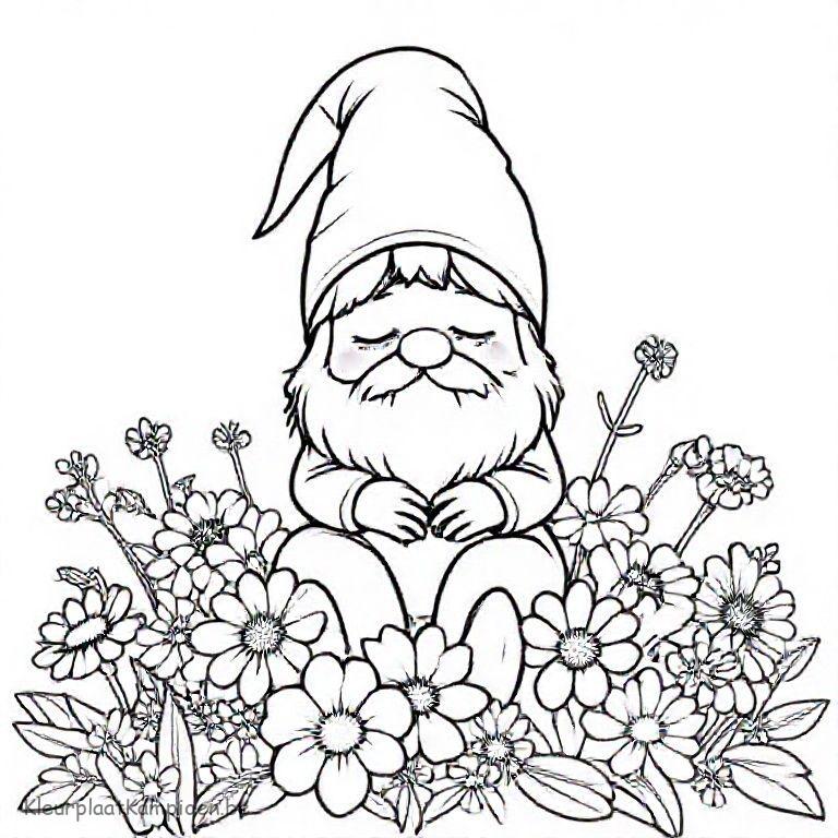 kleurplaat Herfst bloemen Slapende kabouter