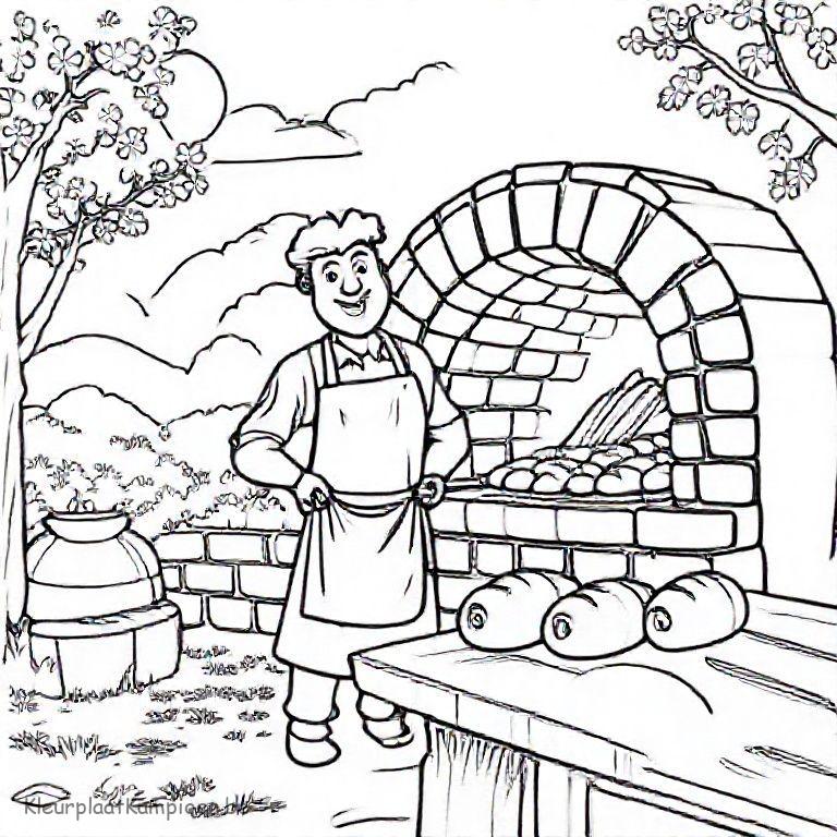 kleurplaat Herfst boerderij Boer bakt brood in buitenoven