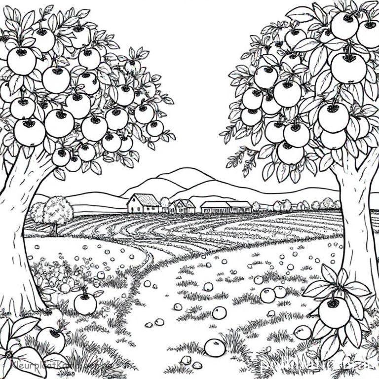 kleurplaat Herfst boerderij Boerderij appelgaard met vallende appels