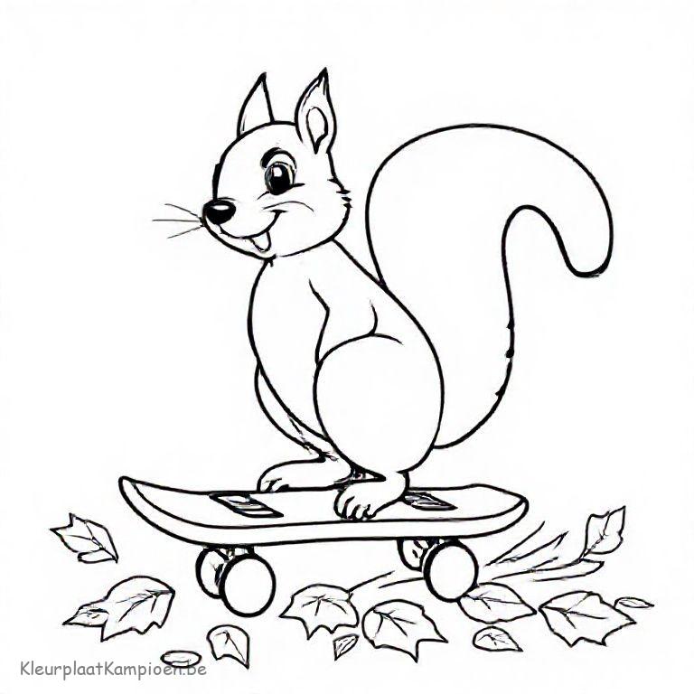 kleurplaat Herfst eekhoorn op een blad-skateboard