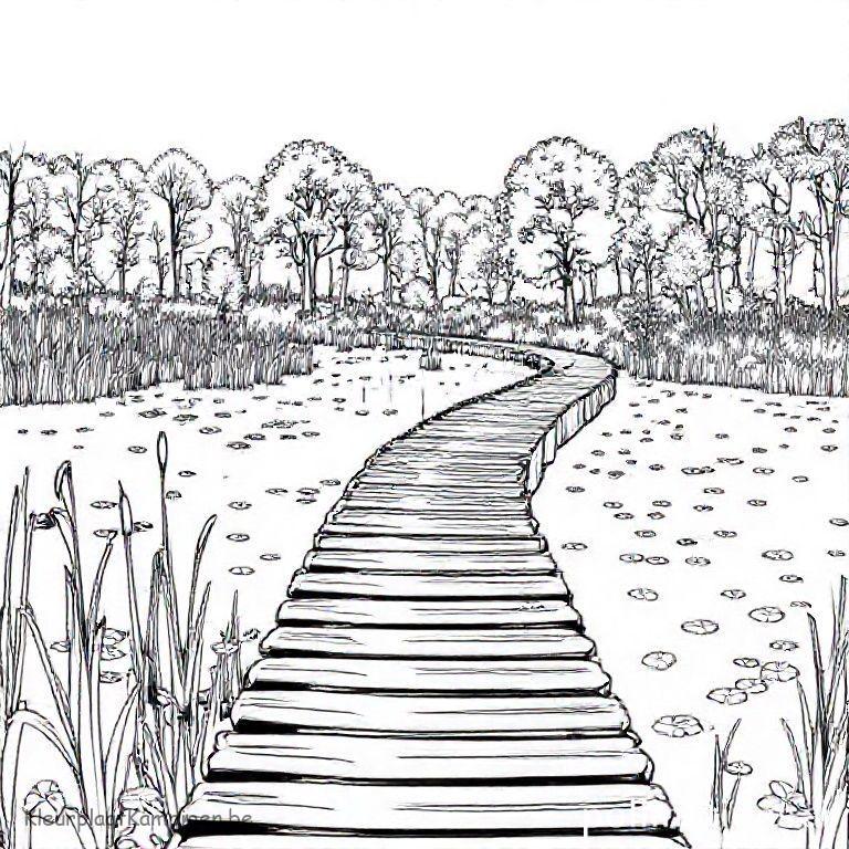 kleurplaat Herfst landschap Houten loopbrug door herfstmoeras