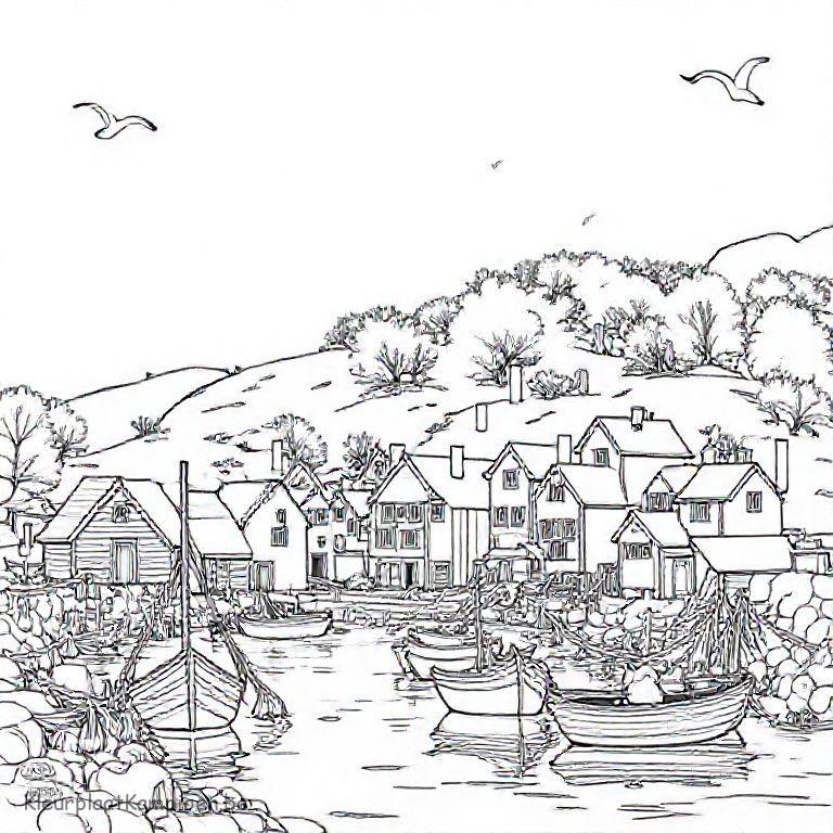 kleurplaat Herfst landschap Vissersdorp netten