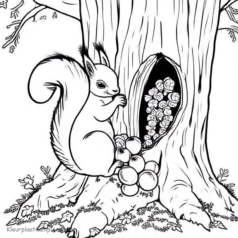kleurplaat Herfst noten Eekhoorn verbergt noten in boomholte