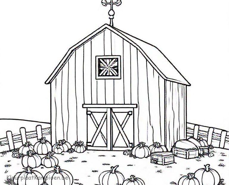 kleurplaat Herfst oogst Boerderij met windvaan en oogst