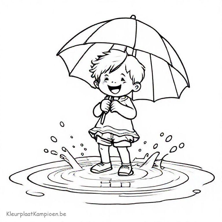 kleurplaat Herfst paraplu Kindje speelt met paraplu in een plas