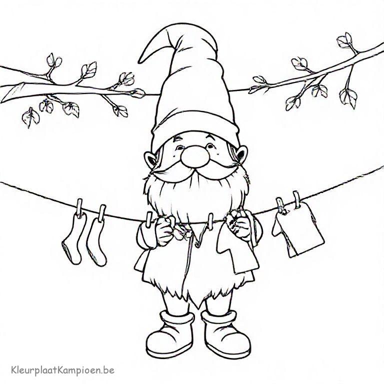 kleurplaat Herfst takken Kabouter hangt was aan tak