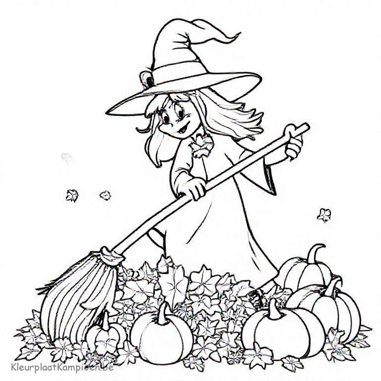 kleurplaat Herfst wind Heks veegt bladeren