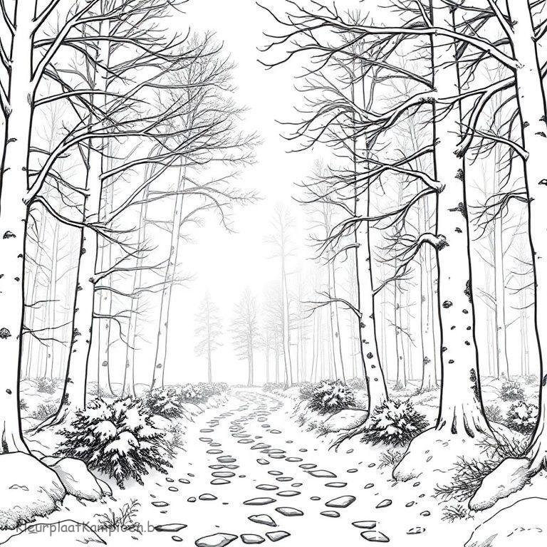 kleurplaat Winter bos Zonlicht door mistige bomen