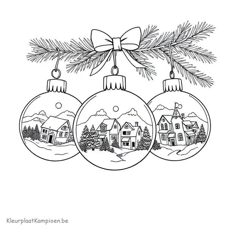 kleurplaat Winter en kerst Kerstballen met besneeuwde landschappen