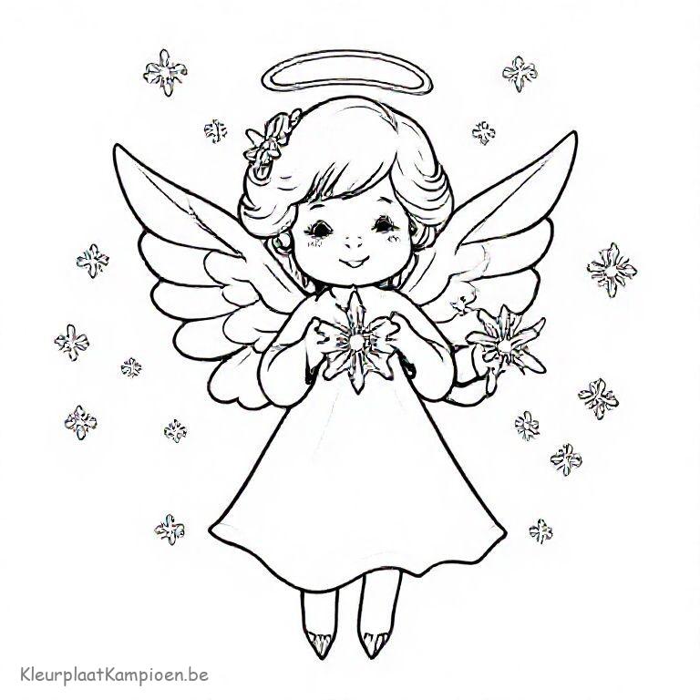 kleurplaat Winter en kerst Kerstengeltje strooit sneeuwvlokken