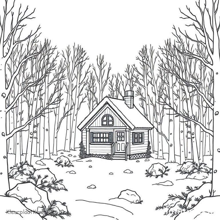 kleurplaat Winter huisje Open plek bos