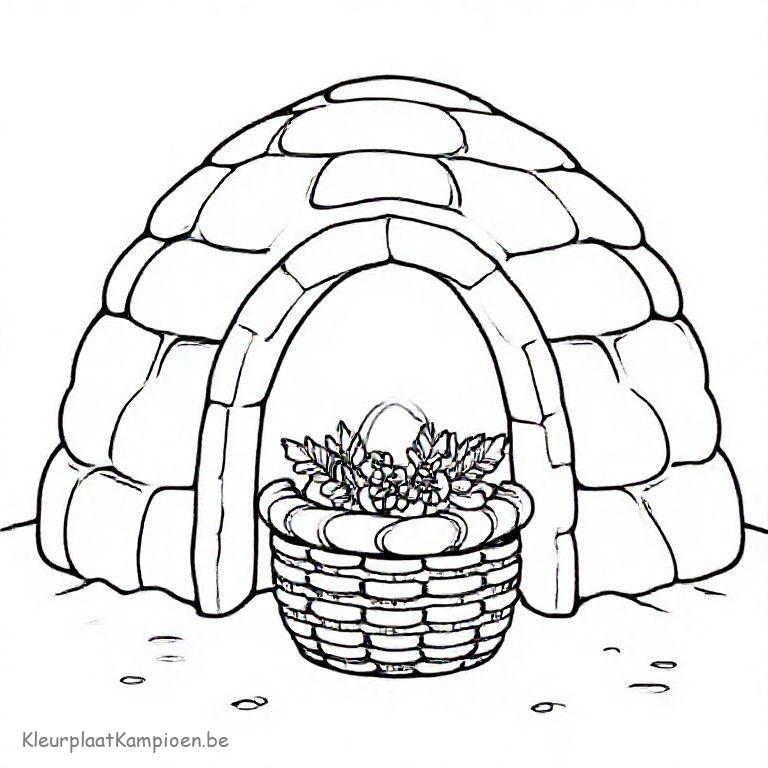 kleurplaat Winter iglo Mandje dennenappels en hulst