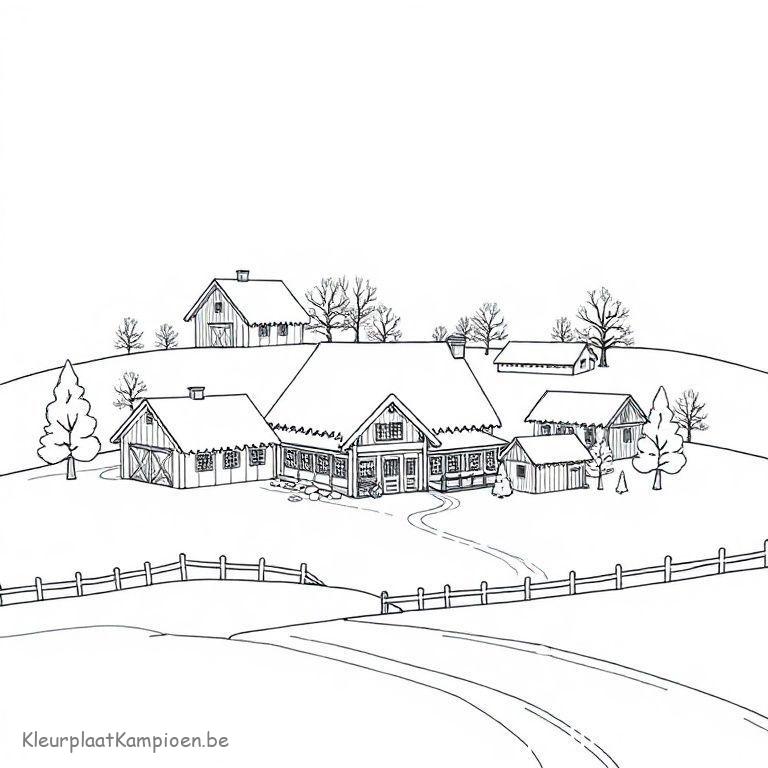 kleurplaat Winter landschap Besneeuwde boerderij