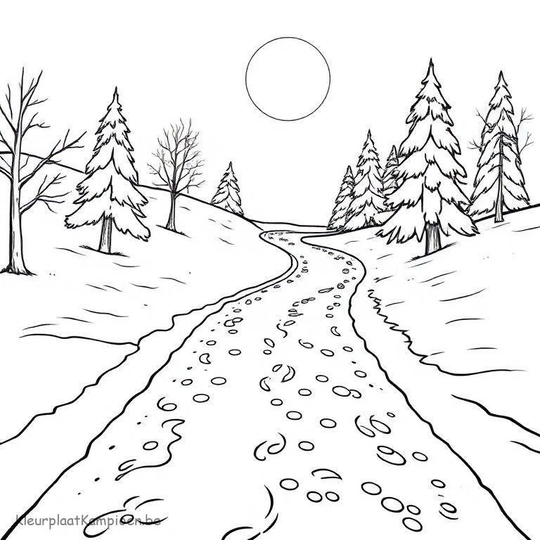 kleurplaat Winter maan Maanlichtpad door de Sneeuw