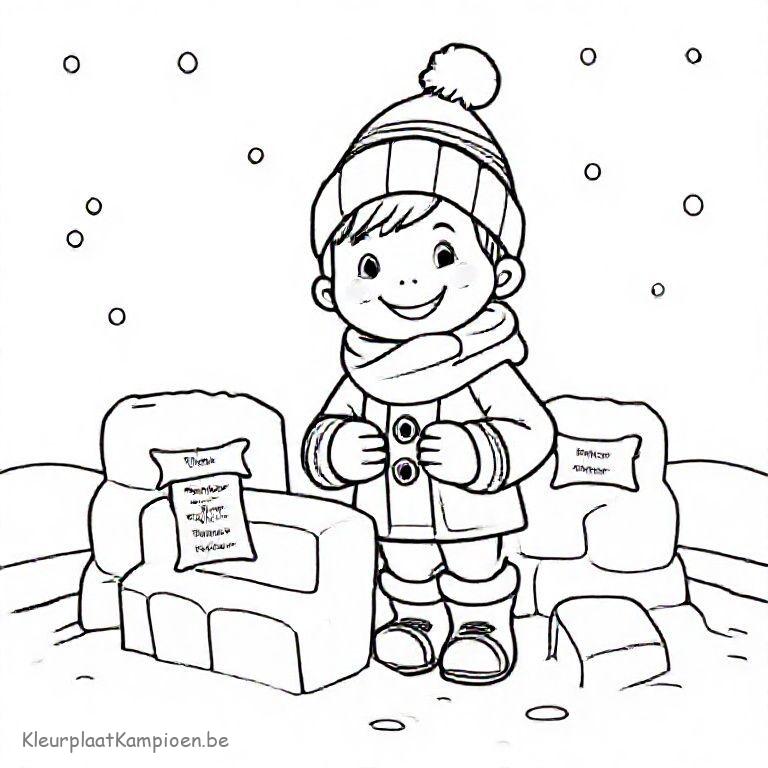 kleurplaat Winter met gedicht Kind bouwt gedichten-sneeuwfort