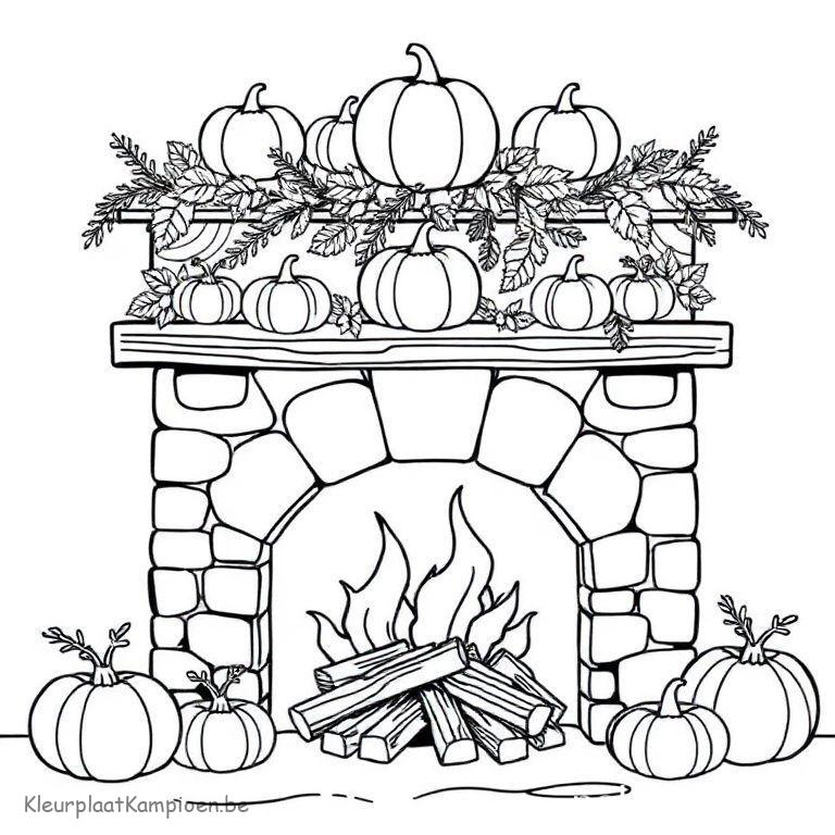 kleurplaat Winter open haard Pompoenen