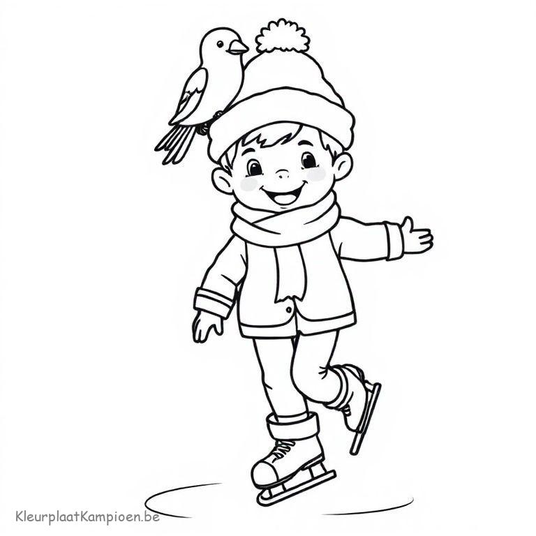 kleurplaat Winter schaatsen Jongen met vogel op muts