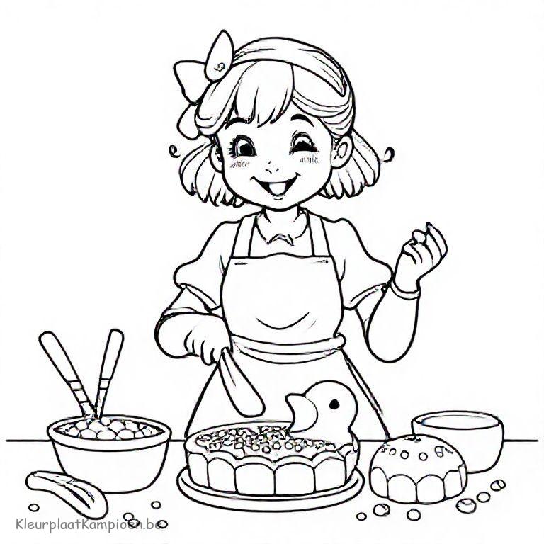 kleurplaat Winter vogels voeren Meisje maakt winterse vogeltaart