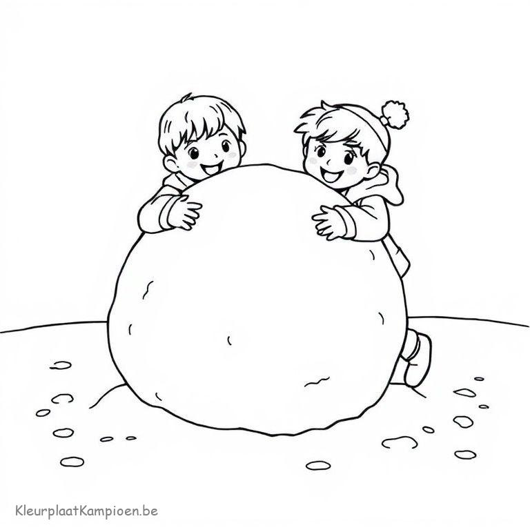 kleurplaat Winter voor kleuters Kinderen rollen een grote sneeuwbal