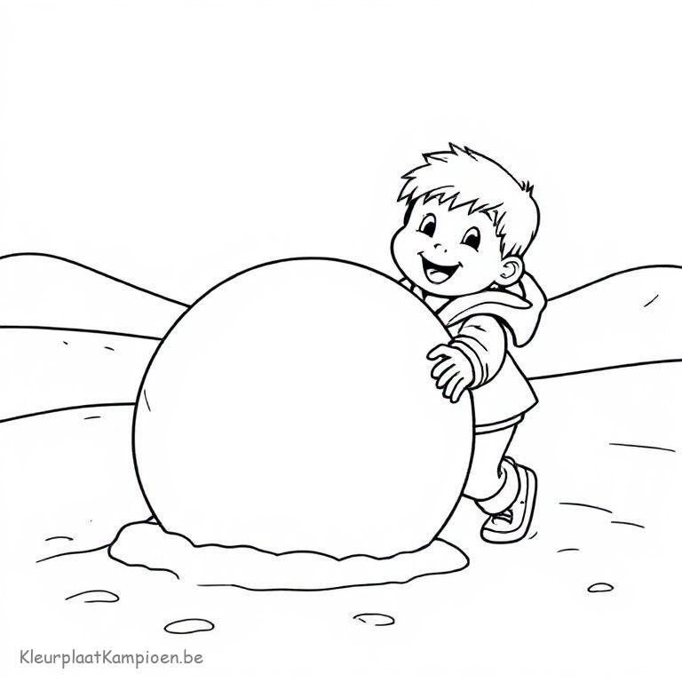 kleurplaat Winter voor peuters Kindje duwt een grote sneeuwbal