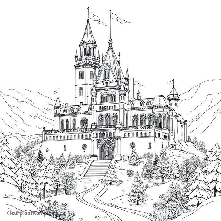 kleurplaat Winter voor volwassenen Historisch kasteel in winters landschap