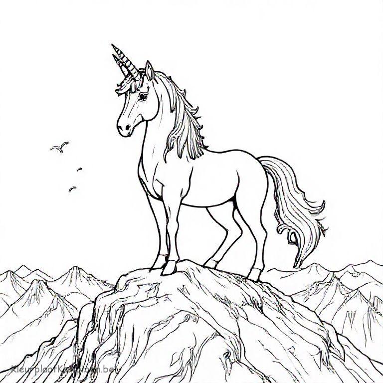 kleurplaat kleurplaat unicorn moeilijk Eenhoorn op een gedetailleerde bergtop met uitzicht