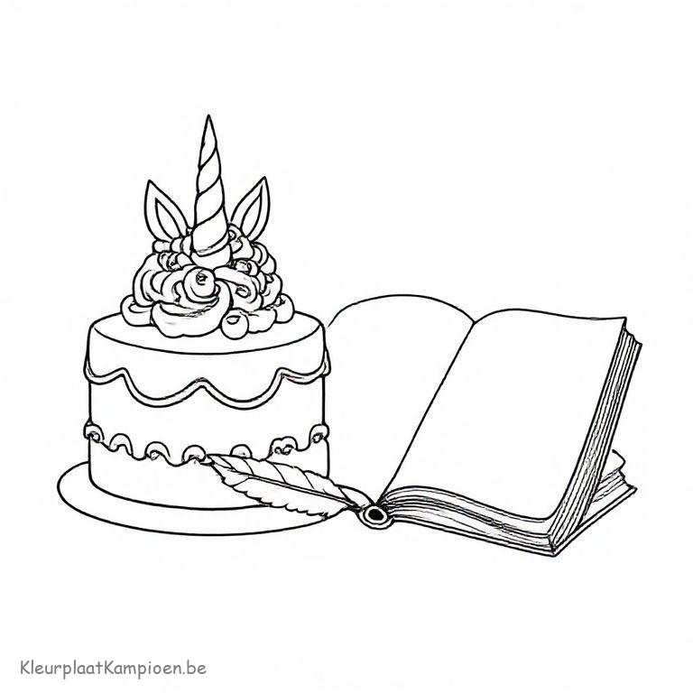 kleurplaat kleurplaat unicorn taart met een open boek