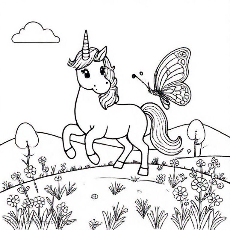 kleurplaat kleurplaat unicorn vlinder Unicorn en vlinder in een fantasielandschap