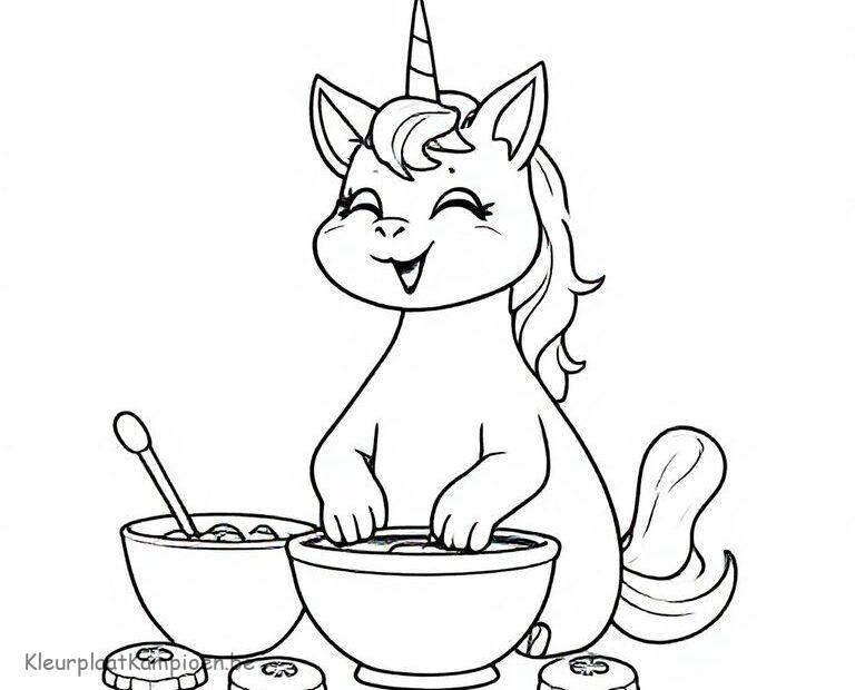 kleurplaat unicorn poes aan het bakken