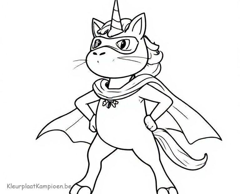 kleurplaat unicorn poes als superheld