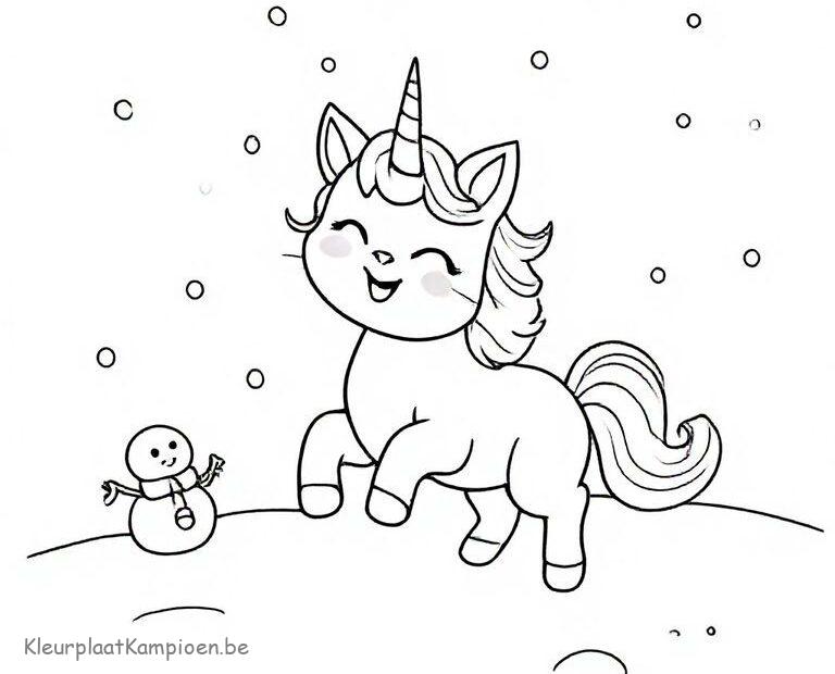 kleurplaat unicorn poes in de sneeuw