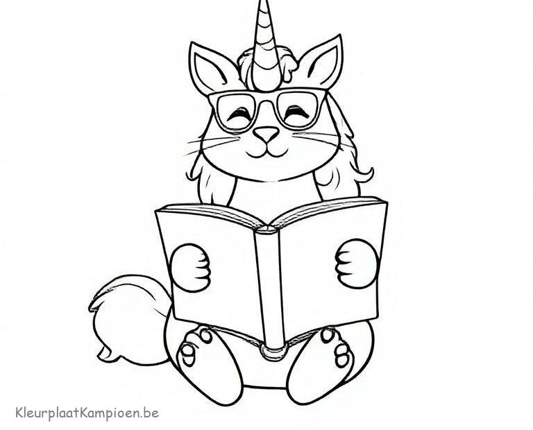 kleurplaat unicorn poes leest boek