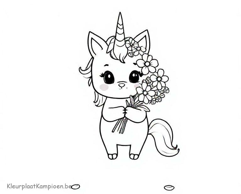 kleurplaat unicorn poes met bloemen