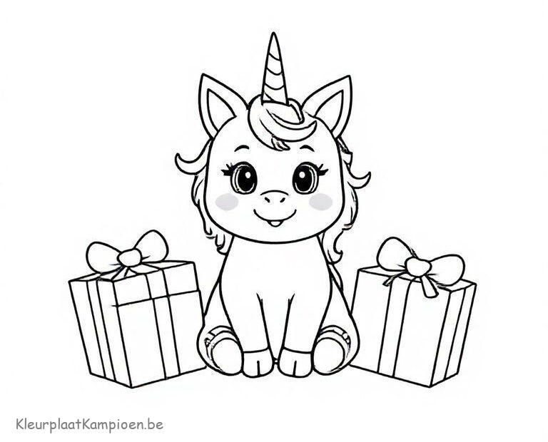 kleurplaat unicorn poes met cadeautjes