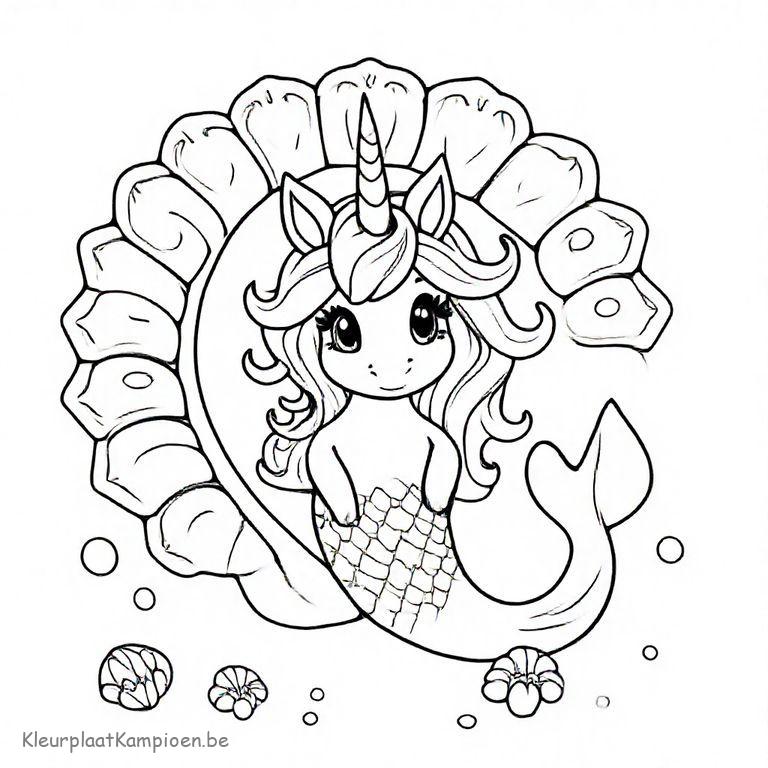 kleurplaat unicorn zeemeermin bij een schelp