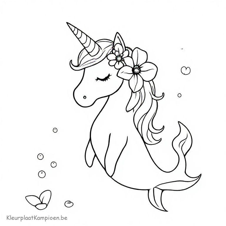 kleurplaat unicorn zeemeermin met bloem in haar haar