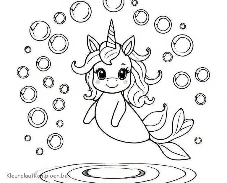 kleurplaat unicorn zeemeermin met bubbels