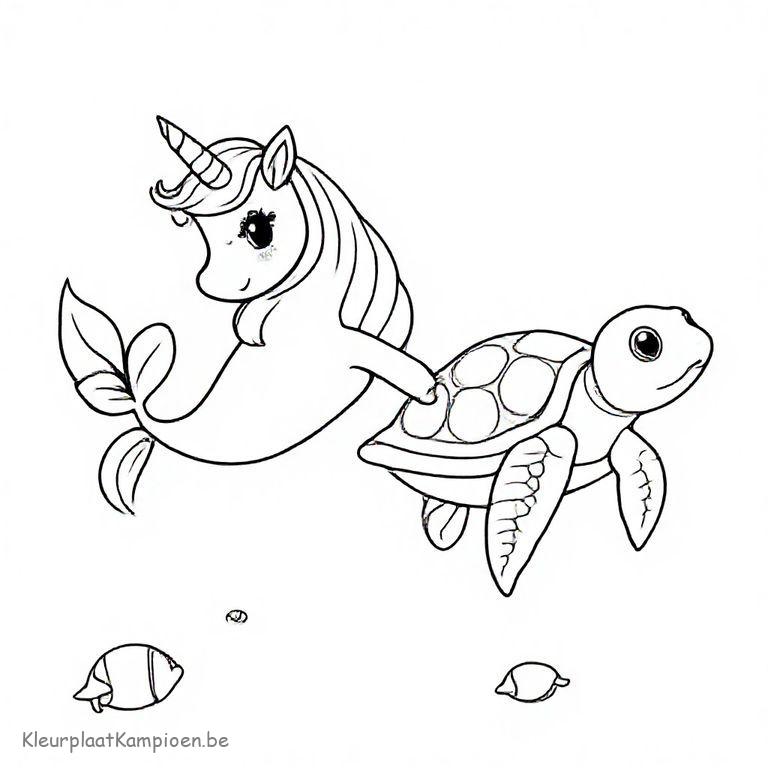 kleurplaat unicorn zeemeermin met schildpad