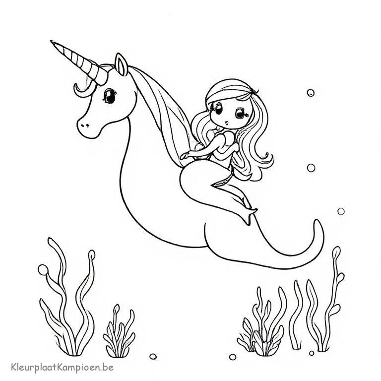 kleurplaat unicorn zeemeermin met zeepaardje