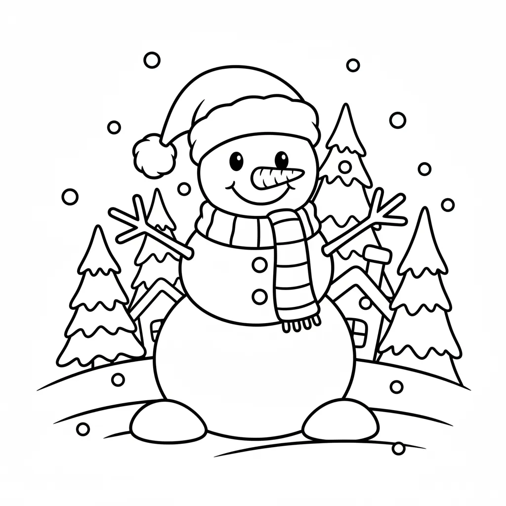 Kleurplaat kerst sneeuwpop met kerstmuts