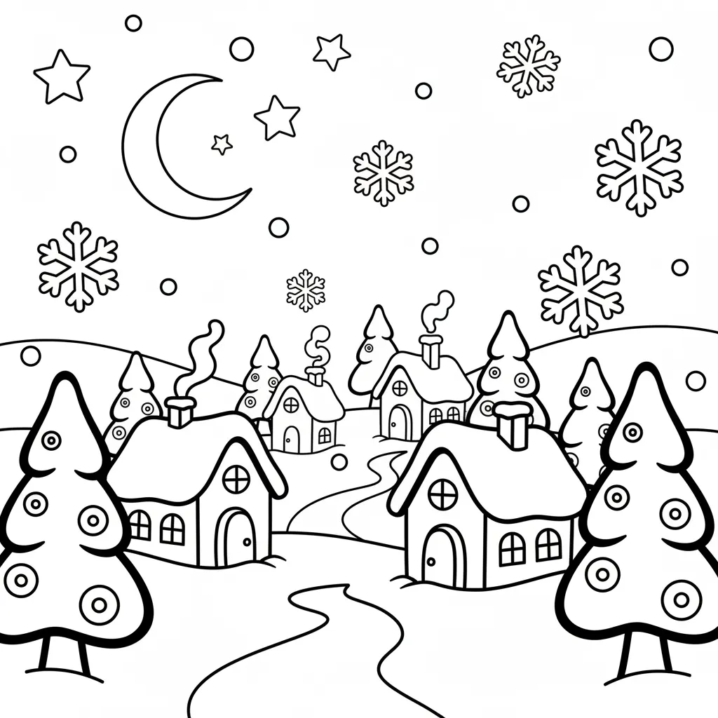 Kleurplaat kerst winterlandschap met kerstdorp