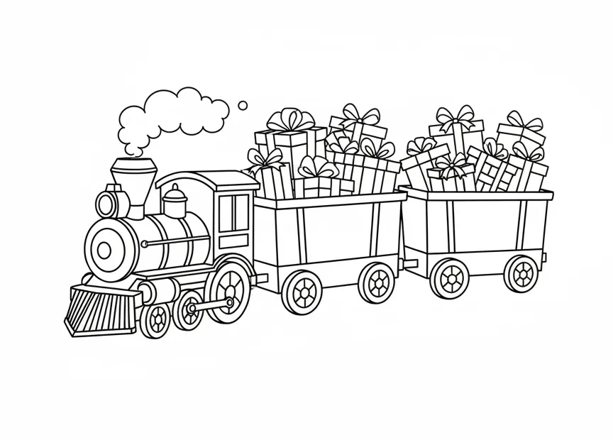 kleurplaat kerst schattig speelgoedtrein vol cadeautjes