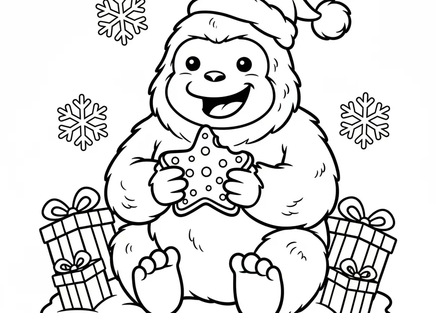 kleurplaat kerst schattig yeti die een koekje eet
