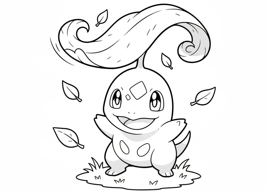 kleurplaat pokémon Chikorita die vrolijk haar blad laat draaien