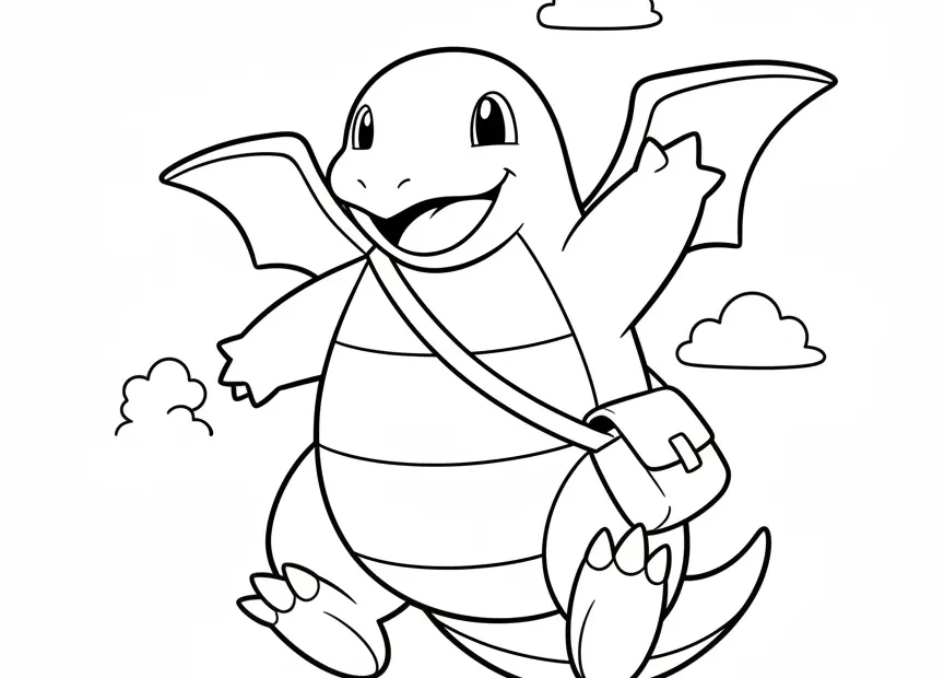 kleurplaat pokémon Dragonite die vrolijk vliegt met een posttas