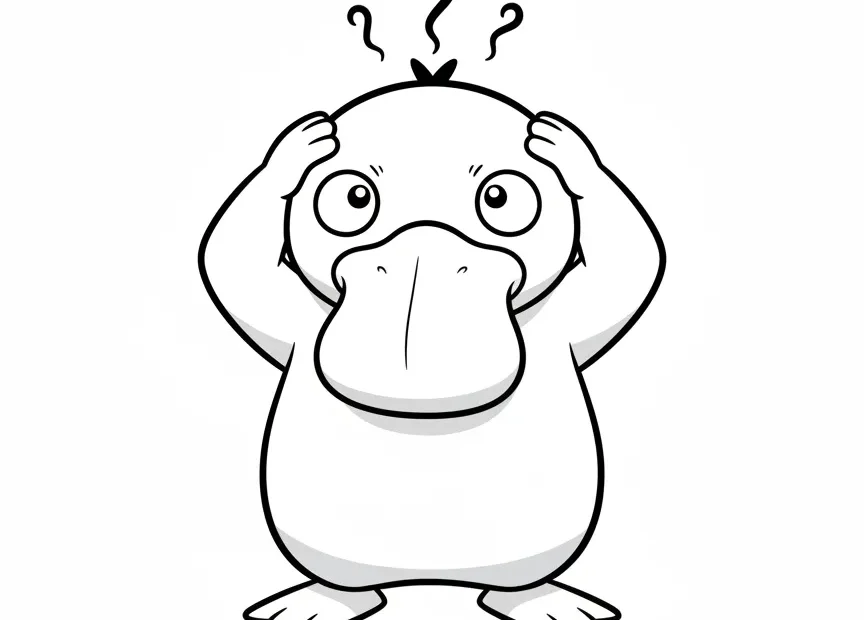kleurplaat pokémon Psyduck die verward zijn hoofd vasthoudt